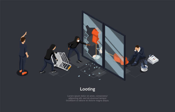 Isometric Composition On Dark Background. Vector 3D Illustration In Cartoon Style. Looting, Robbery Concept. Character Sitting Crying. Group Of Agressive People Crashing Store Windows. Theft Process Isometric Composition On Dark Background. Vector 3D Illustration In Cartoon Style. Looting, Robbery Concept. Character Sitting Crying. Group Of Agressive People Crashing Store Windows. Theft Process. stealing crime illustrations stock illustrations