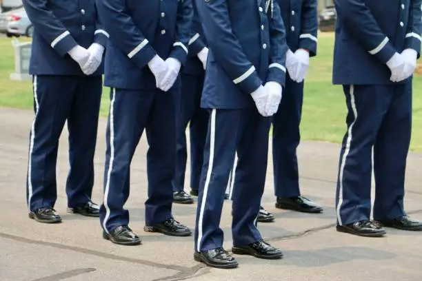 US Air Force Honor Guard body bearers at rest before military graveside service.  United States military. Men in uniform.  Air Force Honor Guardsmen in dress uniform.