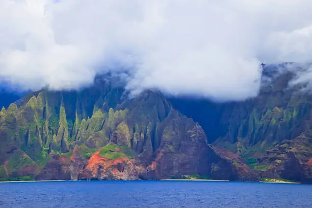 Photo of Natural fan-shaped mountain view on the Na Pali coastline.