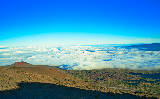 A view of the clouds and sea at sunset on the mountain. Located on the Big Island of Hawaii. USA. June 2019.