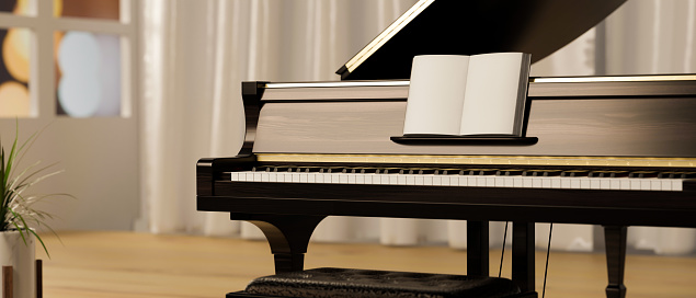 Classic piano in luxury practice room at home, Grand piano with music book, acoustic instrument, harmony, chord, 3d rendering, 3d illustration