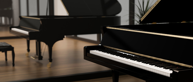 Piano practicing room with glass wall, grand piano, acoustic instrument, black and white classic piano, 3d rendering, 3d illustration