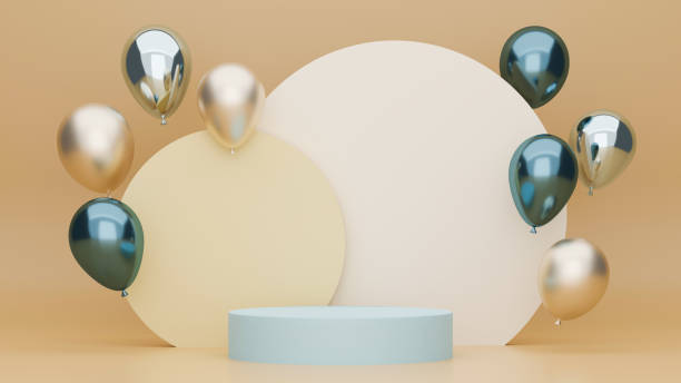 製品ディスプレイ用表彰台付ベージュカラーの背景、メタリックカラーのバルーン、背面の幾何学的な円