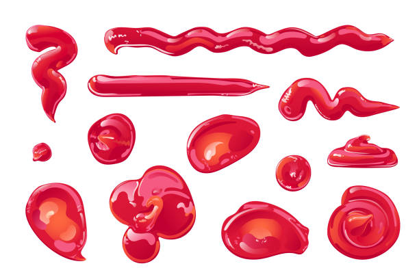 Tomato ketchup splashes, stains and drops. Tomato ketchup splashes, stains and drops set. Red food condiment. Vector elements in flat cartoon style. gravy stock illustrations