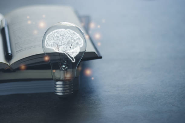 istock Bright light bulb with glowing brain and book or text book with copy space. Business and education idea concept of learning inspiration and knowledge cognition. 1330633691
