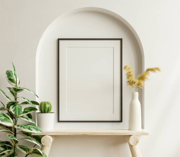 istock Interior poster mockup with vertical black frame in home interior background. 1330635980
