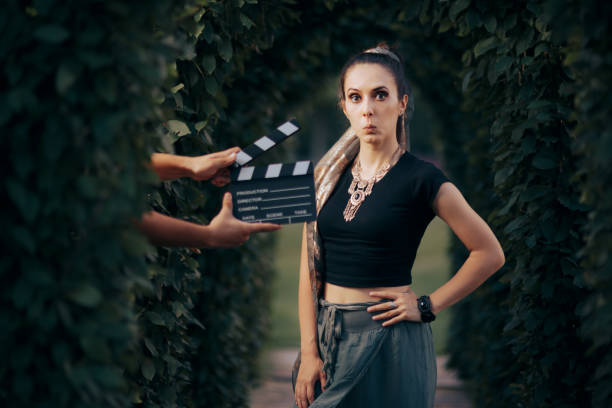 Funny Actress wearing Ethnic outfit Trying to Remember her Line Professional actor failing at audition making mistakes and forgetting the lines stage actress stock pictures, royalty-free photos & images