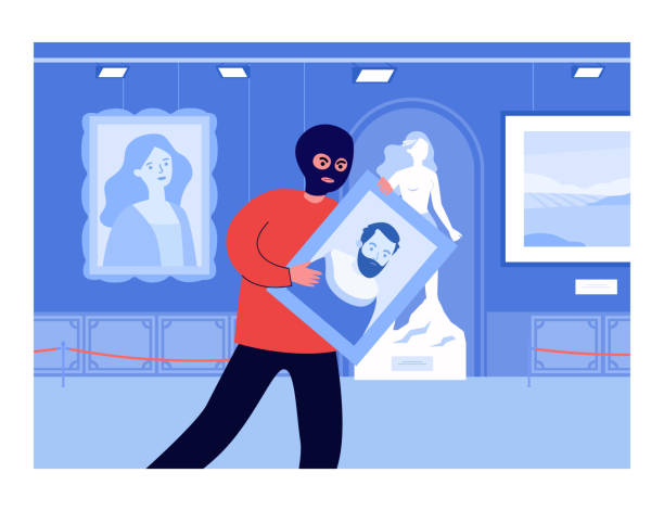 Burglar in mask stealing painting from art gallery Burglar in mask stealing painting from art gallery. Angry criminal holding portrait in museum at night flat vector illustration. Crime, security concept for banner, website design or landing web page burglar stock illustrations