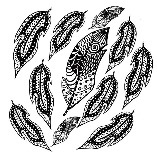 ilustrações de stock, clip art, desenhos animados e ícones de ethnic feathers background pattern black on white doodle illustration - peacock feather outline black and white