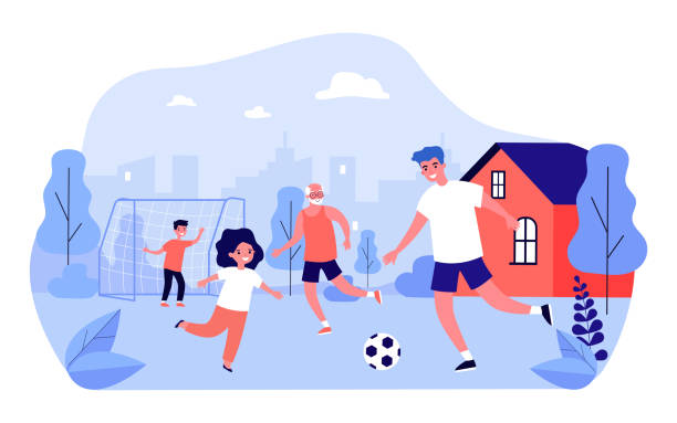 ilustrações, clipart, desenhos animados e ícones de família feliz jogando futebol no quintal - vector fun family healthy lifestyle