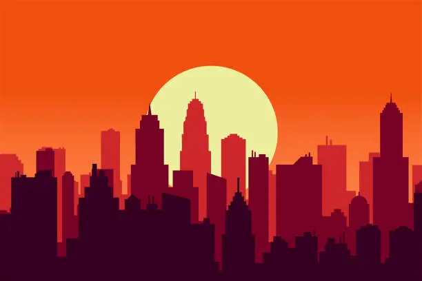 Vector illustration of sunset in downtown area