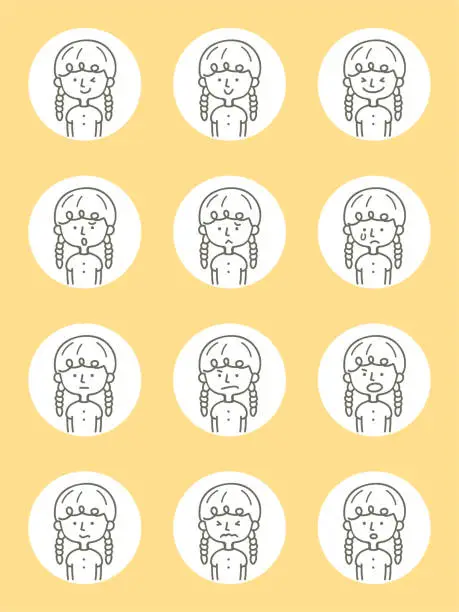 Vector illustration of Cute avatar icons (Facial expression, Emoticon) of girls in thin-line style