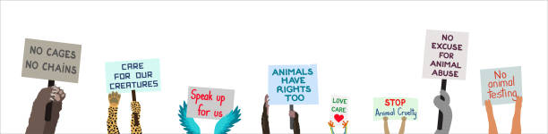 Animals holding protest signs to stop animal cruelty and abuse Animal hands and paws are holding rights protest signs to stop cruelty and abuse fur protest stock illustrations