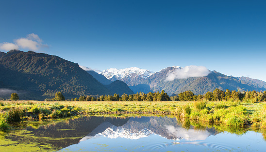 Panorama Morning Beautiful snowcapped mountain near Lake Matheson and mout cook on the West Coast of New Zealand