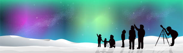 BANNER Aurora Northern Lights with Snow at Night silhouette people looking at stars BANNER Aurora Northern Lights in Snow. Stargazing looking at dark night sky stars. A group of people family and friends with man woman and children with telescope in silhouette. Looking at milky way astronomy concept vector grouped and layered with copy space winter silhouettes stock illustrations