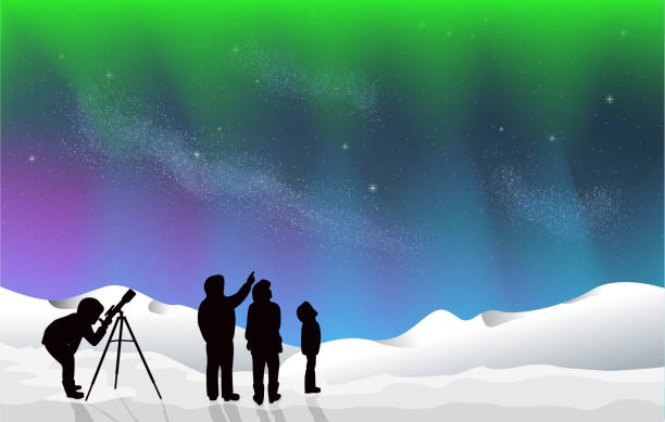 ilustraciones, imágenes clip art, dibujos animados e iconos de stock de aurora aurora con nieve en la silueta de la noche personas mirando las estrellas - looking at view watching pointing showing
