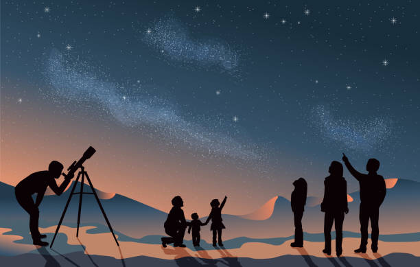Star scene night sky with silhouette people telescope looking at space Stargazing looking at dark night sky stars. A group of people family and friends with man woman and children with telescope in silhouette. Looking at milky way astronomy concept vector grouped and layered with copy space group mountain silhouette stock illustrations