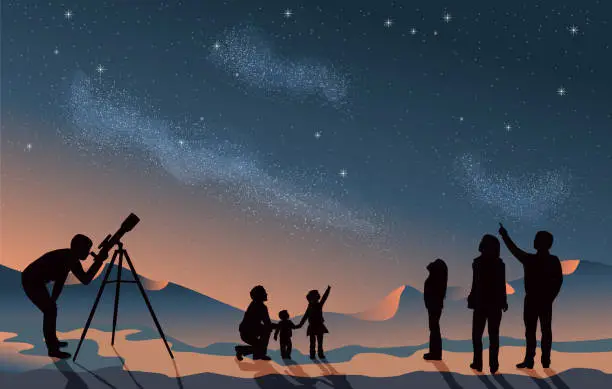 Vector illustration of Star scene night sky with silhouette people telescope looking at space