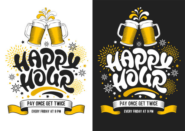 Happy Hour Poster Template With Lettering Happy Hour. Poster template with unusual hand drawn calligraphy lettering for catering establishments advertisement. Vector illustration. catering menu templates free stock illustrations