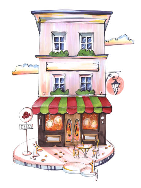 istock architectural sketch drawing with markers european streets a quiet house cafe with a colored canopy evening lights in the windows on a white background 1330649960
