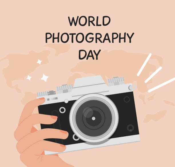 World photography day greeting card. Square banner with a hand holding digital camera in retro look. Background with world map. Vector illustration in flat cartoon style. World photography day greeting card. Square banner with a hand holding digital camera in retro look. Background with world map. Vector illustration in flat cartoon style Photography Day stock illustrations