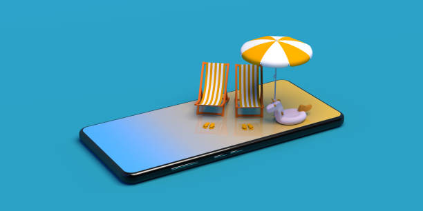 istock Pair of folding chairs, umbrella, flip flops and unicorn float on smartphone. Summer concept. 3d rendering. 1330651281