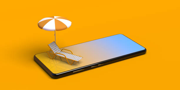Beach lounger with umbrella on smartphone. Smart summer concept. 3D rendering.