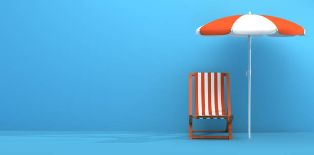 istock Folding chair and sun umbrella on blue background. Summer concept. 3D rendering. 1330651286
