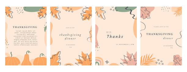 ilustrações de stock, clip art, desenhos animados e ícones de set of happy thanksgiving invitation cards with leaves, pumpkins, geometric shapes and strokes. abstract vertical banner or background with copy space for text. vector illustration. - thanksgiving autumn pumpkin backgrounds