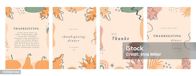 istock Set of Happy Thanksgiving Invitation Cards with leaves, pumpkins, geometric shapes and strokes. Abstract vertical banner or background with copy space for text. Vector illustration. 1330651465