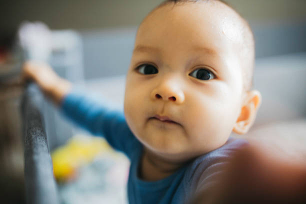 istock portrait asian baby standing and hold a bed frame 1330653066