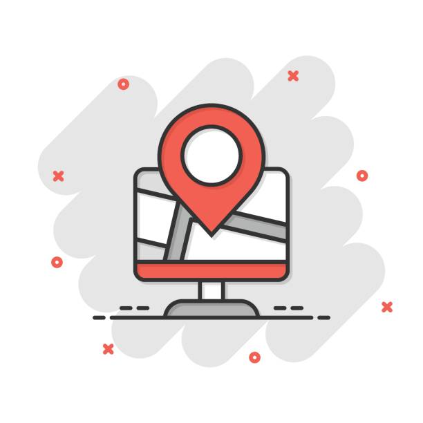 istock Computer navigation icon in comic style. Monitor pin gps cartoon vector illustration on white isolated background. City area location splash effect business concept. 1330653571