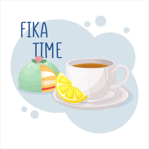 illustrazioni stock, clip art, cartoni animati e icone di tendenza di tazza di caffè o tè e prinsesstarta (torta di marzapane verde). concetto di pausa caffè (fika). illustrazione vettoriale isolata disegnata a mano di cibo carino per la colazione. illustrazione vettoriale - bread bun broken isolated