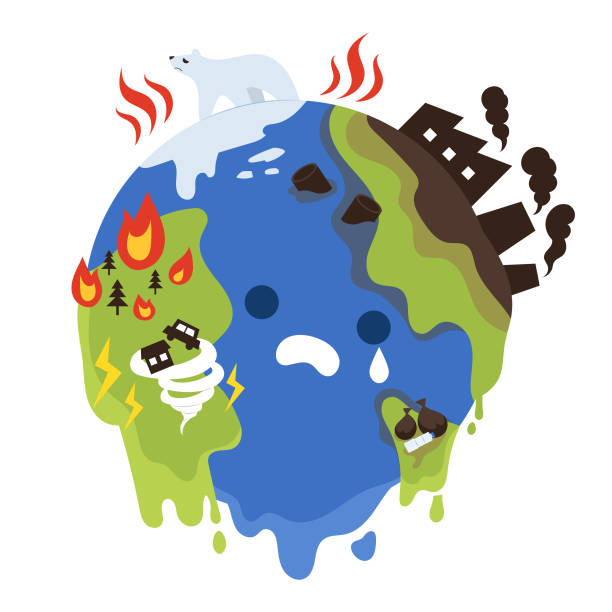 ilustraciones, imágenes clip art, dibujos animados e iconos de stock de el calentamiento global es causado por la contaminación ambiental. la tierra que se derrite derrama lágrimas y llora. - cambio climatico