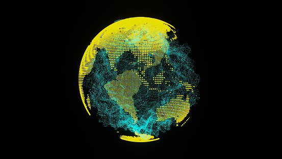 3D illustration graphic hologram view of abstract ocean and planet earth with world map texture.
