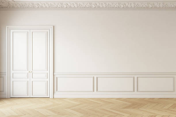 istock Classic beige interior with door, moldings and parquet. 3d render illustration mockup. 1330658005
