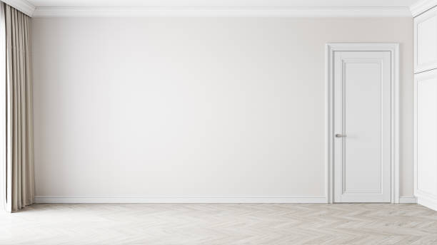 istock Modern classic empty interior with door, moldings, wood floor and blank wall. 3d render illustration mockup. 1330658037