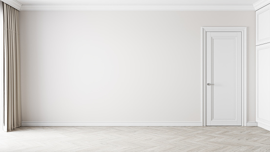 Modern classic empty interior with door, moldings, wood floor and blank wall. 3d render illustration mockup.