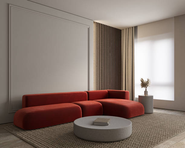 istock Modern minimalist gray, beige interior with red sofa, wall moldings, curtains and decor. 3d render illustration mockup. 1330658139