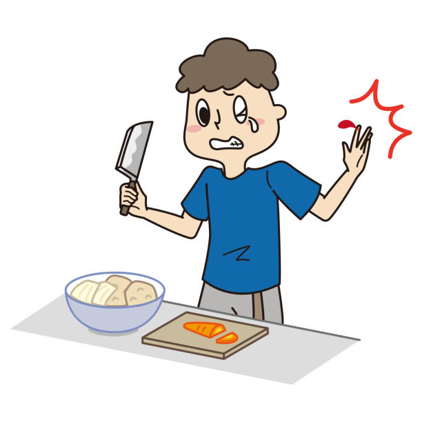 một cậu bé bị thương ngón tay bằng dao làm bếp trong khi nấu ăn - sad boy outside hình minh họa sẵn có