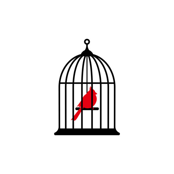 verschlossener käfig mit rotem vogelsymbol. falle, inhaftierung, gefängniskonzept. - birdcage stock-grafiken, -clipart, -cartoons und -symbole