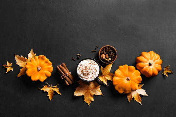 autumn background with pumpkins, maple leaves, coffee - latté pumpkin spice coffee imagens e fotografias de stock