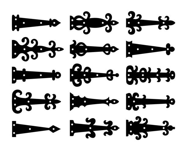 decorative vintage arrow hinges. accents for garage and barn doors, gates, trunks. flat icon set. vector illustration. signs of old hardware. isolated objects - 合頁 幅插畫檔、美工圖案、卡通及圖標