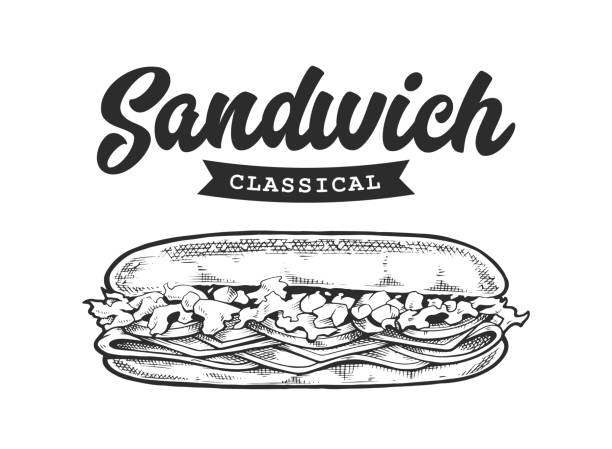 Sandwich Retro Emblem Black and White Sandwich Retro Emblem. Symbol template with black and white letters and sandwich sketch. EPS10 vector illustration. sandwich stock illustrations