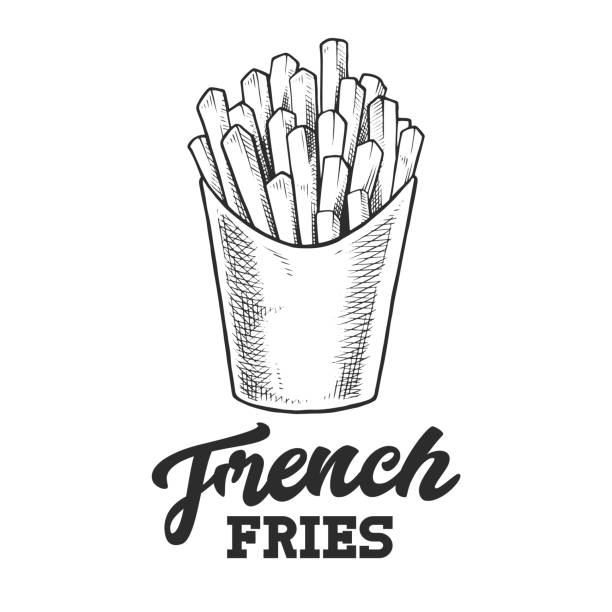 French Fries Retro Emblem Black and White French Fries Retro Emblem. Symbol template with black and white letters and french fries sketch. EPS10 vector illustration. french fries stock illustrations