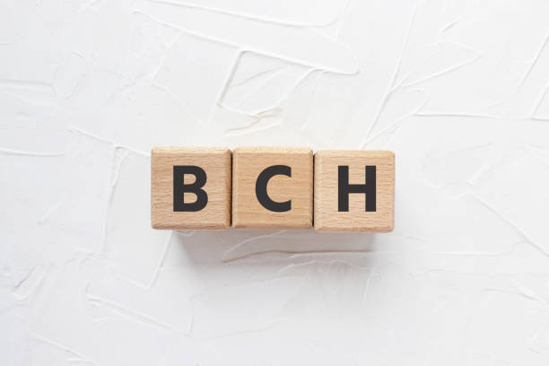 istock Text BCH on wooden cubes on blue background. Bitcoin Cash, cryptocurrency, fork of Bitcoin Square wood blocks. Top view, flat lay. 1330662546