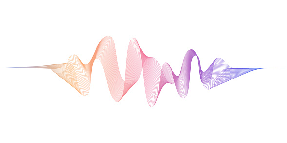 Abstract flowing wavy lines with pink and blue gradient color. Digital frequency track and voice equalizer. Modern Vector background.