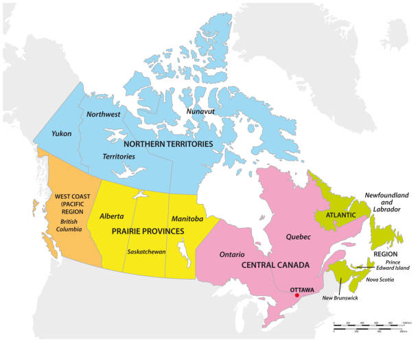 ilustraciones, imágenes clip art, dibujos animados e iconos de stock de mapa vectorial de las cinco regiones geográficas de canadá - map of canada