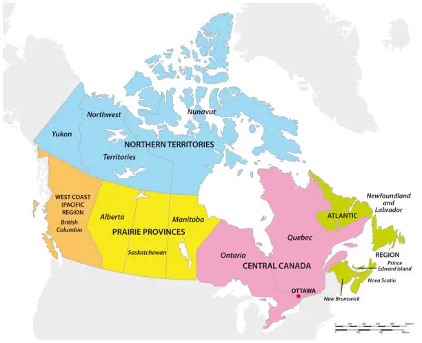 Vector illustration of vector map of the five geographic regions of Canada