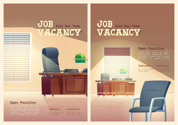 Job vacancy cartoon posters, we are hiring concept Job vacancy cartoon posters, we are hiring. Vacant chair in principal office. Work hire announcement for candidates, head hunting, Human resource research, employment and recruiting Vector concept school principal stock illustrations